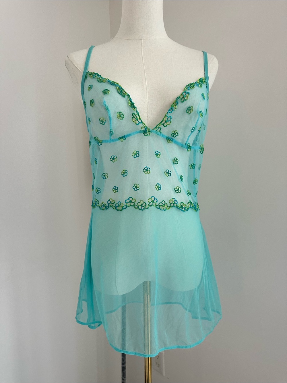 La Perla Aqua Sheer Floral-Embroidered Chemise